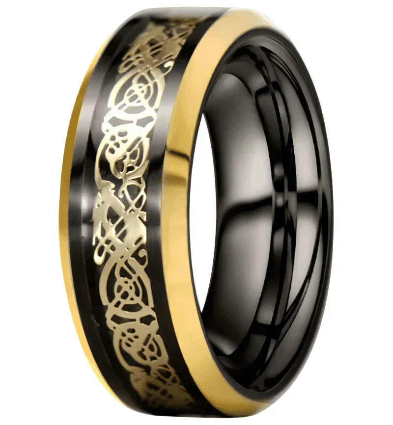 Tungsten Rings for Men Wedding Bands for Him Womens Wedding Bands for Her 6mm Black Yellow Gold Loyal Celtic Dragon Knot - Jewelry Store by Erik Rayo
