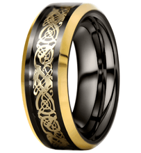 Load image into Gallery viewer, Tungsten Rings for Men Wedding Bands for Him Womens Wedding Bands for Her 8mm Black Yellow Gold Loyal Celtic Dragon Knot
