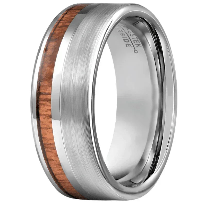 Men's Wedding Band Rings - Silver Black Off Center Koa Wood - Wedding Rings for Men and Women - Jewelry Store by Erik Rayo