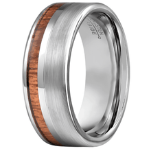 Load image into Gallery viewer, Tungsten Rings for Men Wedding Bands for Him Womens Wedding Bands for Her 8mm Silver Black Off Center Koa Wood
