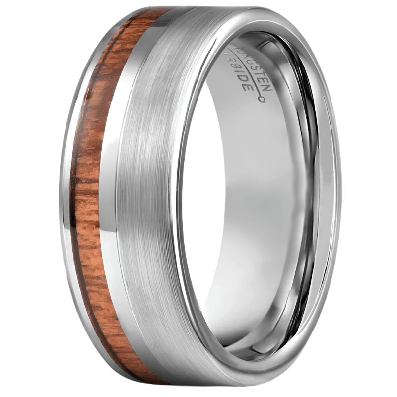 Tungsten Rings for Men Wedding Bands for Him Womens Wedding Bands for Her 8mm Silver Black Off Center Koa Wood