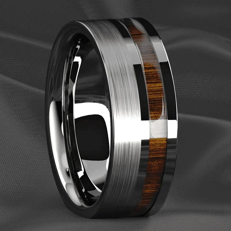 Men's Wedding Band Rings - Silver Black Off Center Koa Wood - Wedding Rings for Men and Women - Jewelry Store by Erik Rayo