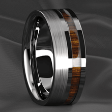 Load image into Gallery viewer, Tungsten Rings for Men Wedding Bands for Him Womens Wedding Bands for Her 8mm Silver Black Off Center Koa Wood
