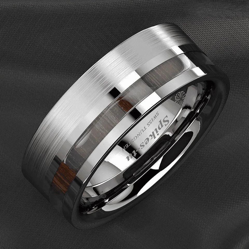 Men's Wedding Band Rings - Silver Black Off Center Koa Wood - Wedding Rings for Men and Women - Jewelry Store by Erik Rayo