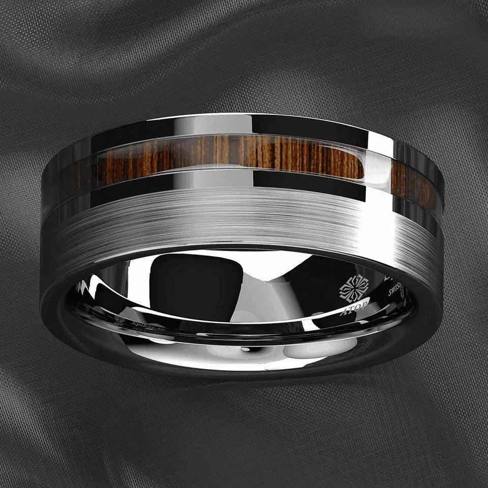 Men's Wedding Band Rings - Silver Black Off Center Koa Wood - Wedding Rings for Men and Women - Jewelry Store by Erik Rayo