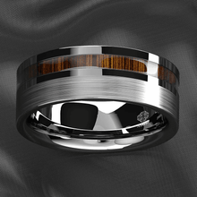 Load image into Gallery viewer, Tungsten Rings for Men Wedding Bands for Him Womens Wedding Bands for Her 8mm Silver Black Off Center Koa Wood
