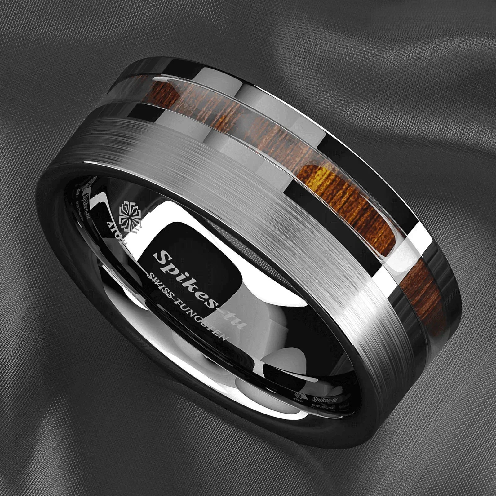 Men's Wedding Band Rings - Silver Black Off Center Koa Wood - Wedding Rings for Men and Women - Jewelry Store by Erik Rayo
