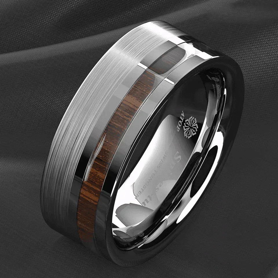Men's Wedding Band Rings - Silver Black Off Center Koa Wood - Wedding Rings for Men and Women - Jewelry Store by Erik Rayo