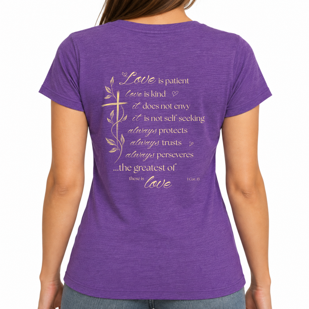 Womens Christian Shirt Forgiven 1 Cor 13 in Purple Sizes XS-3XL
