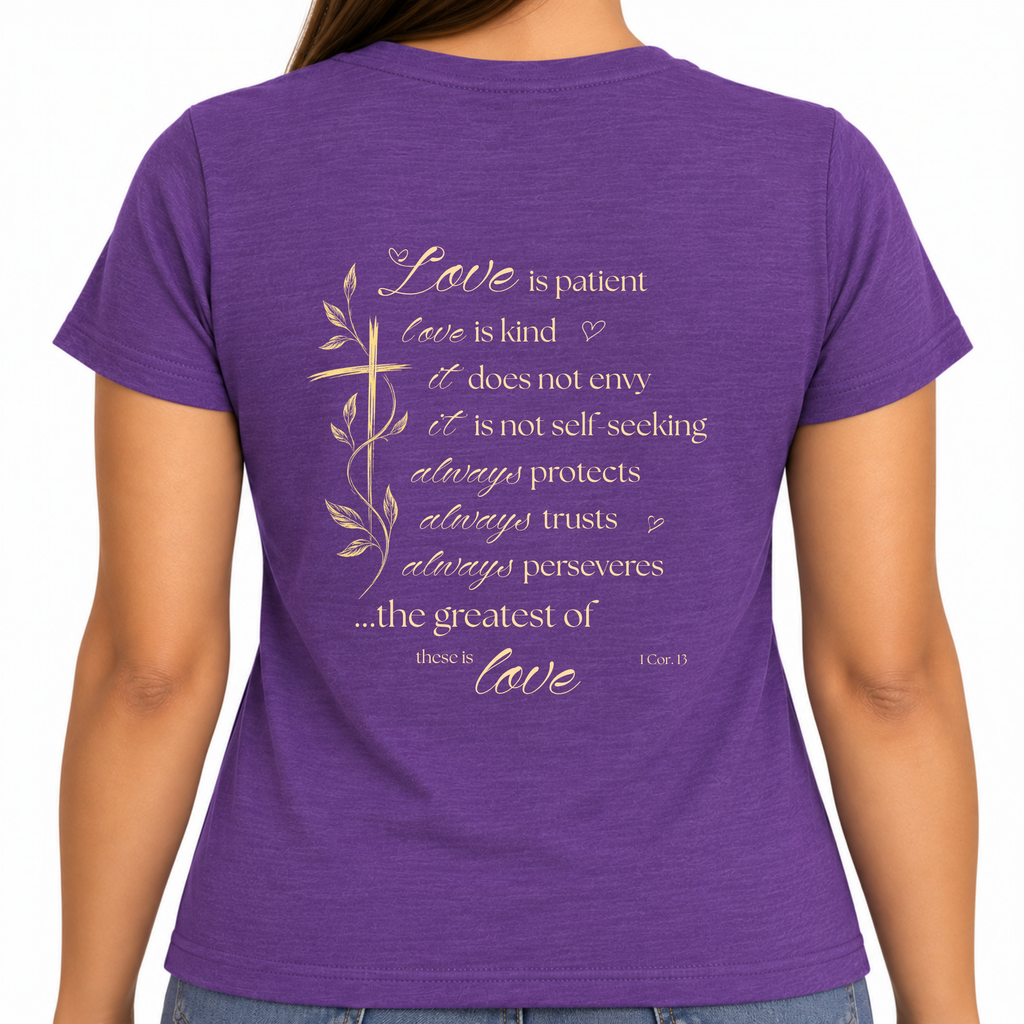 Womens Christian Shirt Forgiven 1 Cor 13 in Purple Sizes XS-3XL