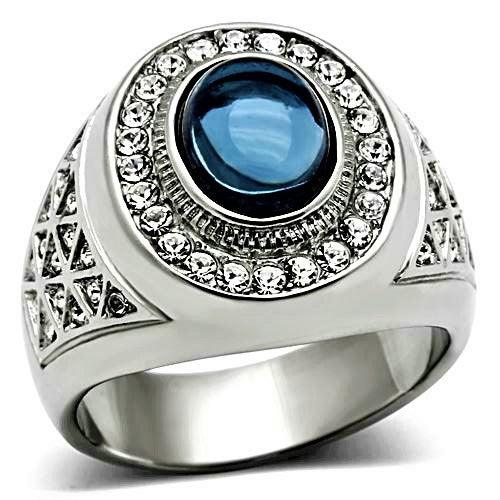 Anillo azul corte ovalado para hombre de acero inoxidable plateado con piedra de domo Montana oscuro - Jewelry Store by Erik Rayo