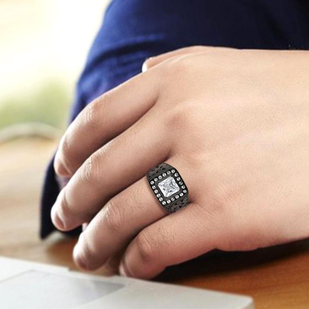 Anillo Color Negro Para Hombres de Acero Inoxidable Corte Princesa Contratado - Jewelry Store by Erik Rayo