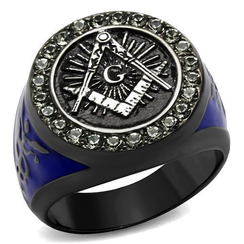 Anillo Color Negro Para Hombres de Acero Inoxidable Logo Masonico Con Lados Azules - Jewelry Store by Erik Rayo