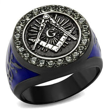 Load image into Gallery viewer, Anillo Color Negro Para Hombres y Ninos de Acero Inoxidable Logo Masonico Con Lados Azules - Jewelry Store by Erik Rayo
