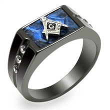 Load image into Gallery viewer, Anillo Color Negro Para Hombres y Ninos de Acero Inoxidable Simbolo Masonico en Piedra Azul - Jewelry Store by Erik Rayo
