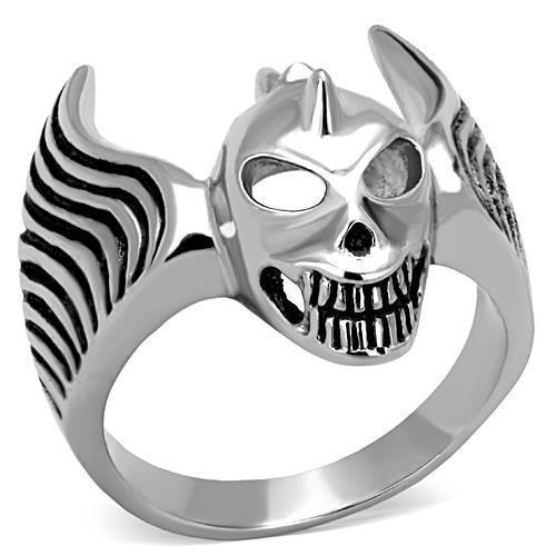 Anillo Color Plata Para Hombres de Acero Inoxidable Calavera Cuerno y Alas - Jewelry Store by Erik Rayo