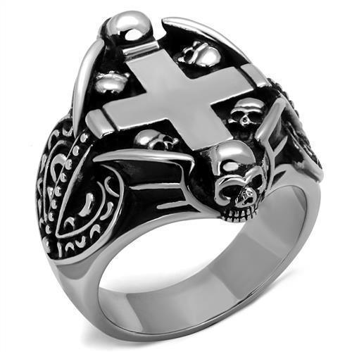 Anillo Color Plata Para Hombres de Acero Inoxidable Calaveras Sosteniendo Cruz - Jewelry Store by Erik Rayo
