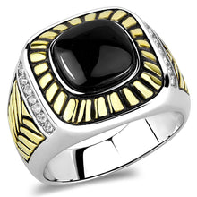 Load image into Gallery viewer, Anillo Color Plata Para Hombres y Ninos de Acero Inoxidable Con Ojas Doradas y Onyx - Jewelry Store by Erik Rayo
