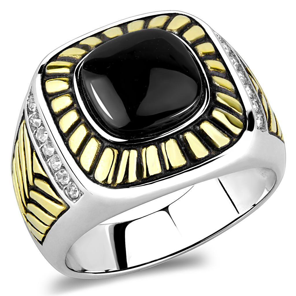 Anillo Color Plata Para Hombres y Ninos de Acero Inoxidable Con Ojas Doradas y Onyx - Jewelry Store by Erik Rayo