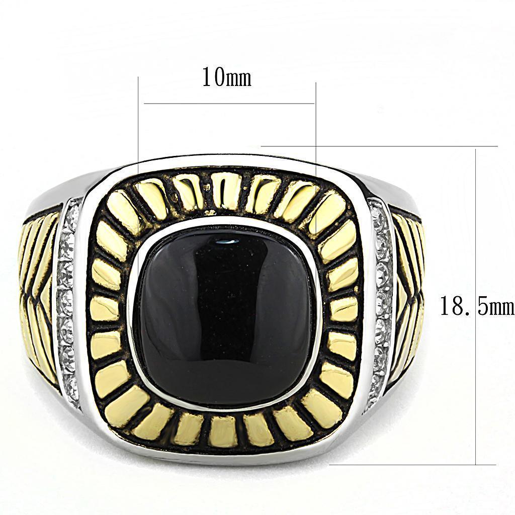 Anillo Color Plata Para Hombres de Acero Inoxidable Con Ojas Doradas y Onyx - Jewelry Store by Erik Rayo