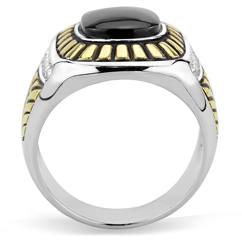 Anillo Color Plata Para Hombres de Acero Inoxidable Con Ojas Doradas y Onyx - Jewelry Store by Erik Rayo