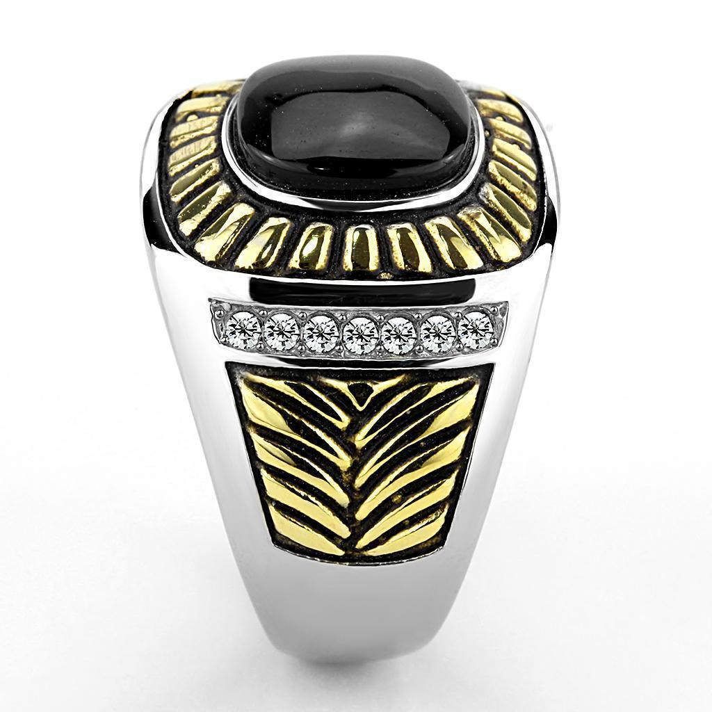 Anillo Color Plata Para Hombres de Acero Inoxidable Con Ojas Doradas y Onyx - Jewelry Store by Erik Rayo