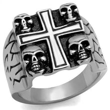 Load image into Gallery viewer, Anillo Color Plata Para Hombres y Ninos de Acero Inoxidable Cruz y Calaveras - Jewelry Store by Erik Rayo
