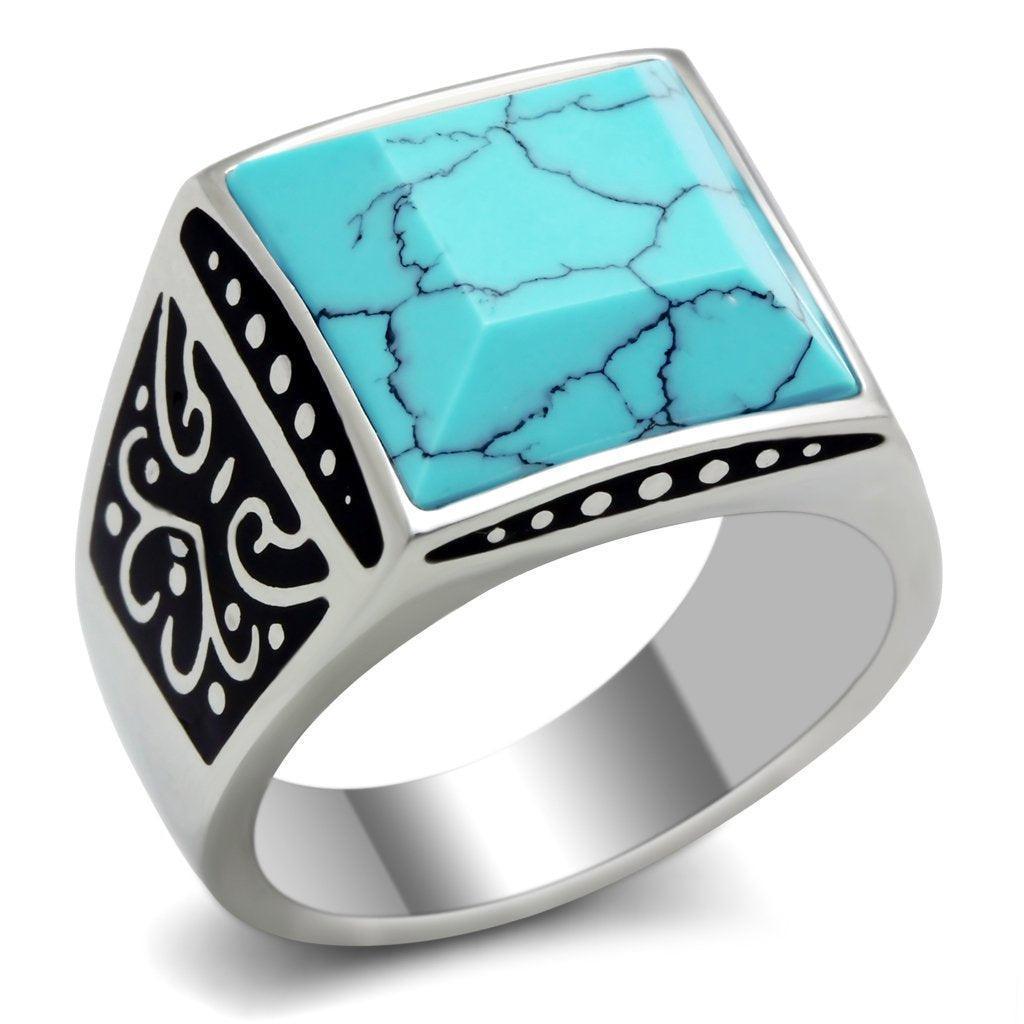 Anillo Color Plata Para Hombres de Acero Inoxidable de Turquesa Cuadrado - Jewelry Store by Erik Rayo