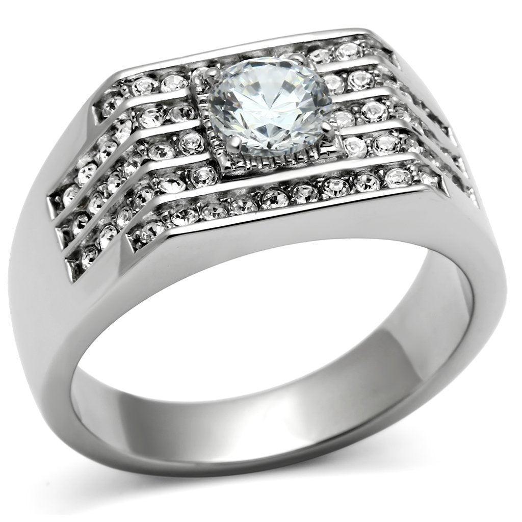 Anillo Color Plata Para Hombres de Acero Inoxidable Diamante Redondo en Lineas - Jewelry Store by Erik Rayo