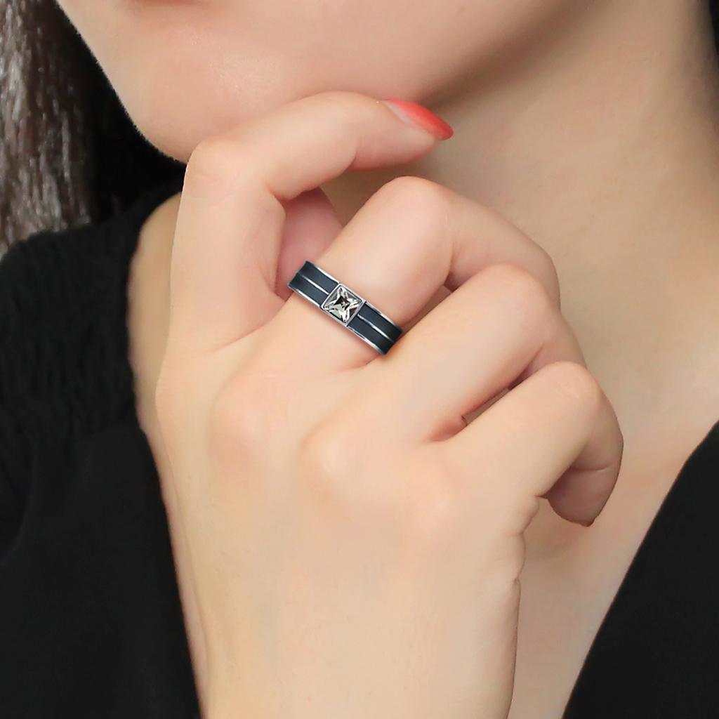 Anillo Color Plata Para Hombres de Acero Inoxidable Doble Linea Negra Diamante Solitario - Jewelry Store by Erik Rayo