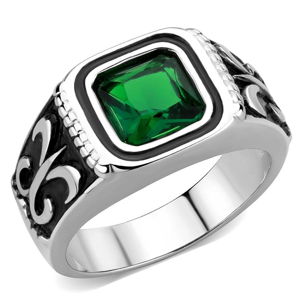 Anillo Color Plata Para Hombres de Acero Inoxidable Esmeralda Verde con Patron - Jewelry Store by Erik Rayo