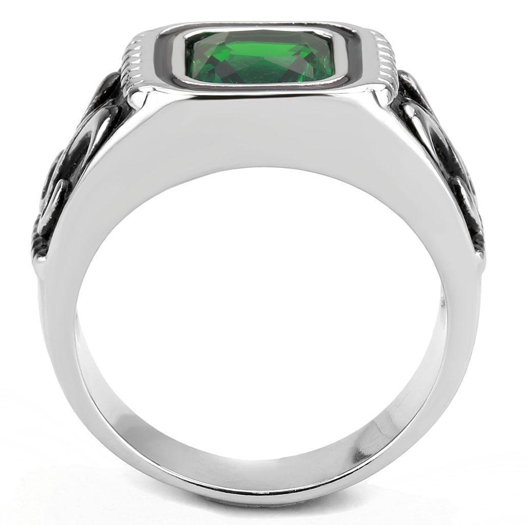 Anillo Color Plata Para Hombres de Acero Inoxidable Esmeralda Verde con Patron - Jewelry Store by Erik Rayo