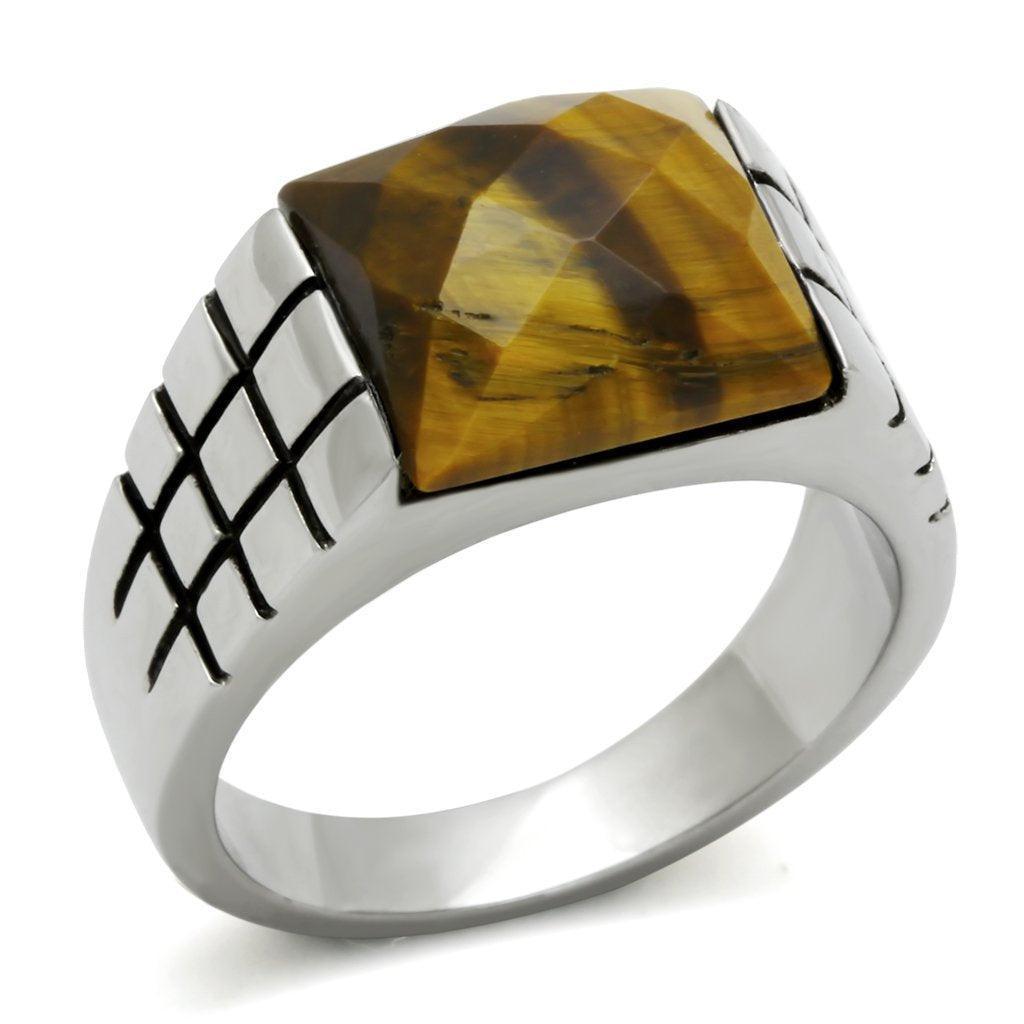 Anillo Color Plata Para Hombres de Acero Inoxidable Ojo de Tigre Tigre Ahumado Quartz - Jewelry Store by Erik Rayo