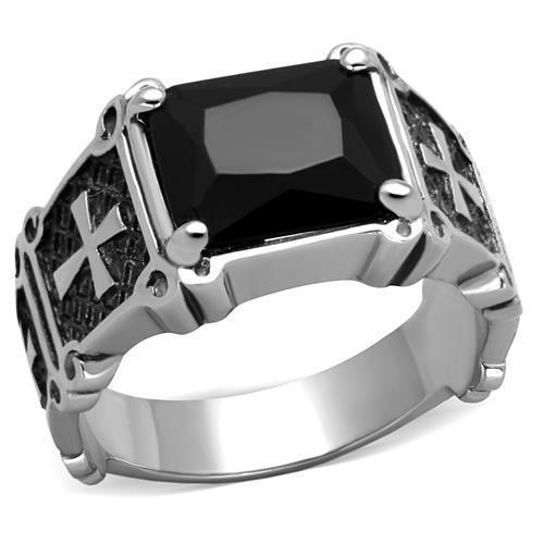 Anillo Color Plata Para Hombres de Acero Inoxidable Onyx con Cruz en Lados - Jewelry Store by Erik Rayo