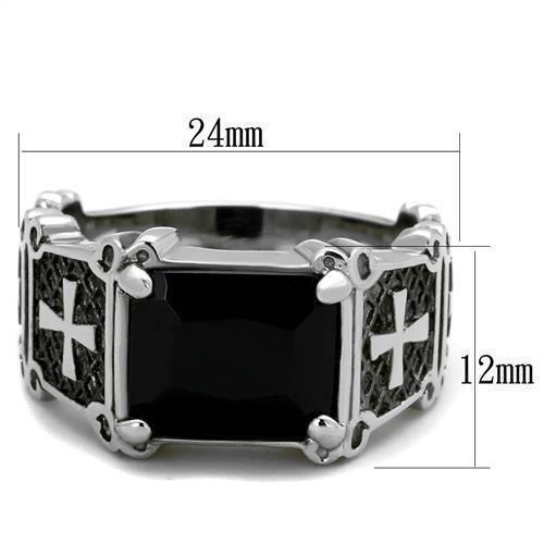 Anillo Color Plata Para Hombres de Acero Inoxidable Onyx con Cruz en Lados - Jewelry Store by Erik Rayo