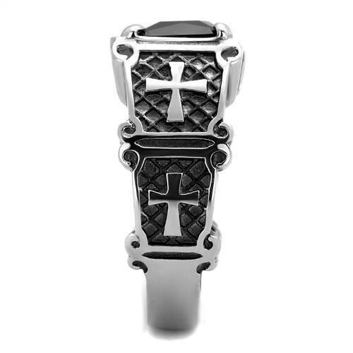Anillo Color Plata Para Hombres de Acero Inoxidable Onyx con Cruz en Lados - Jewelry Store by Erik Rayo