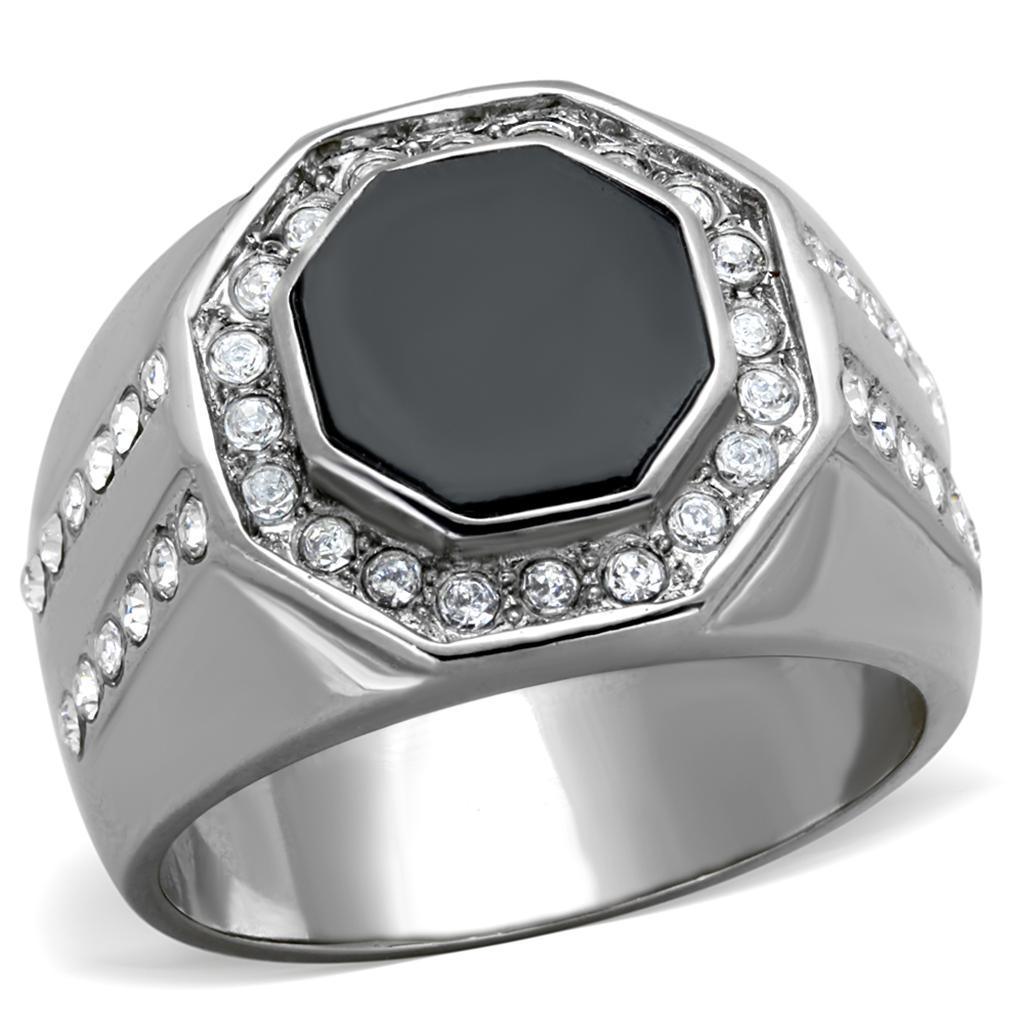 Anillo Color Plata Para Hombres de Acero Inoxidable Onyx en Octagono con Diamantes - Jewelry Store by Erik Rayo