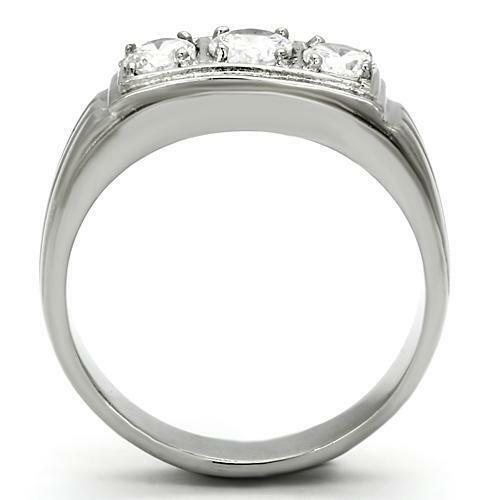 Anillo corte redondo para hombre de acero inoxidable plateado con 3 circonitas cúbicas - Jewelry Store by Erik Rayo