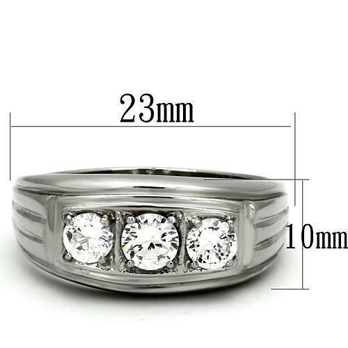 Anillo corte redondo para hombre de acero inoxidable plateado con 3 circonitas cúbicas - Jewelry Store by Erik Rayo