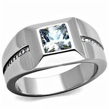 Load image into Gallery viewer, Anillo cuadrado para hombre plateado de acero inoxidable con circonita cúbica y detalles de corte princesa - Jewelry Store by Erik Rayo
