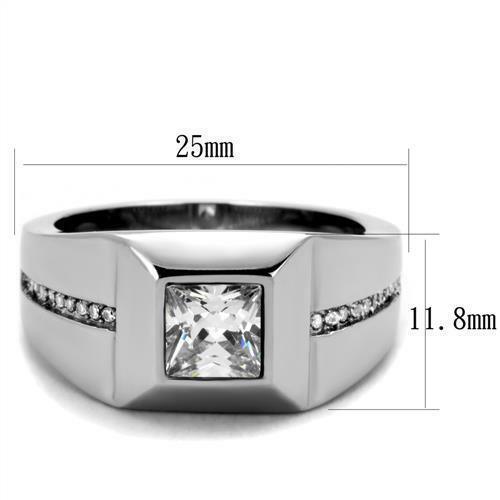 Anillo cuadrado para hombre plateado de acero inoxidable con circonita cúbica y detalles de corte princesa - Jewelry Store by Erik Rayo