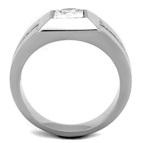Anillo cuadrado para hombre plateado de acero inoxidable con circonita cúbica y detalles de corte princesa - Jewelry Store by Erik Rayo