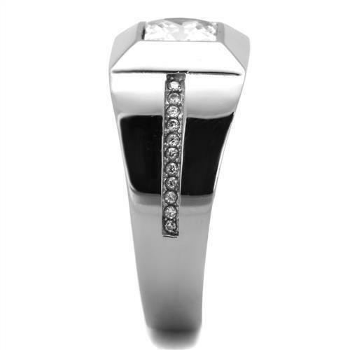 Anillo cuadrado para hombre plateado de acero inoxidable con circonita cúbica y detalles de corte princesa - Jewelry Store by Erik Rayo