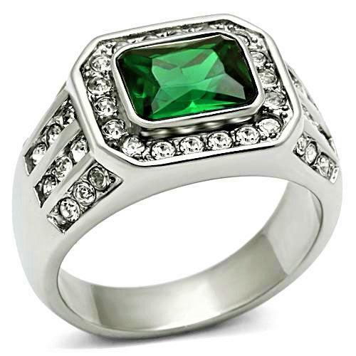 Anillo para hombre esmeralda verde de acero inoxidable con circonita cúbica de 3.45 quilates - Jewelry Store by Erik Rayo