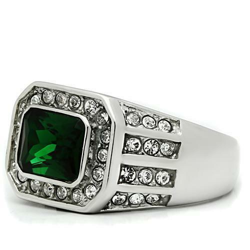 Anillo para hombre esmeralda verde de acero inoxidable con circonita cúbica de 3.45 quilates - Jewelry Store by Erik Rayo