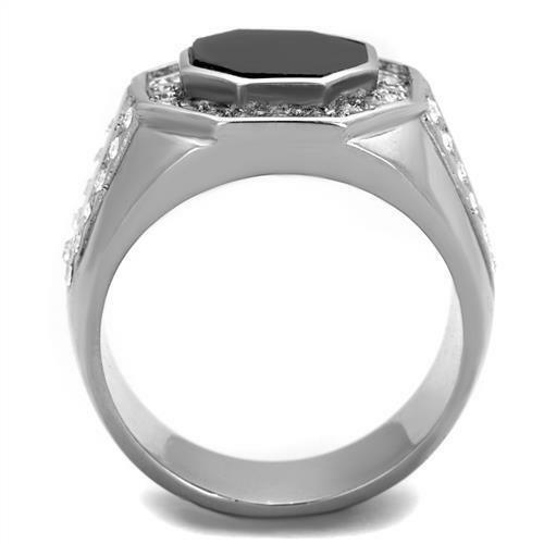 Anillo para hombre Onyx negra piedra cz octagono & claro CZ acero inoxidable - Jewelry Store by Erik Rayo