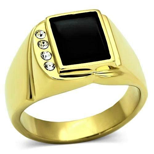 Anillo para hombre oro ónix negro rectangular de acero inoxidable azabache y color oro cz - Jewelry Store by Erik Rayo