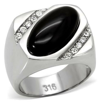 Anillo rectangular para hombre de acero inoxidable con circonita cúbica en tono plateado y ónix negro auténtico ovalado - Jewelry Store by Erik Rayo