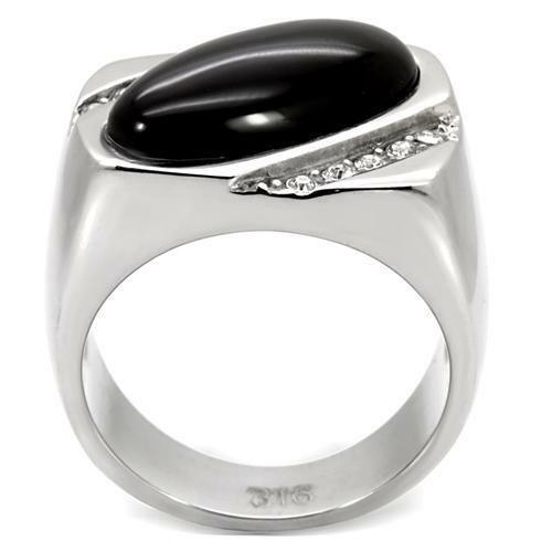 Anillo rectangular para hombre de acero inoxidable con circonita cúbica en tono plateado y ónix negro auténtico ovalado - Jewelry Store by Erik Rayo