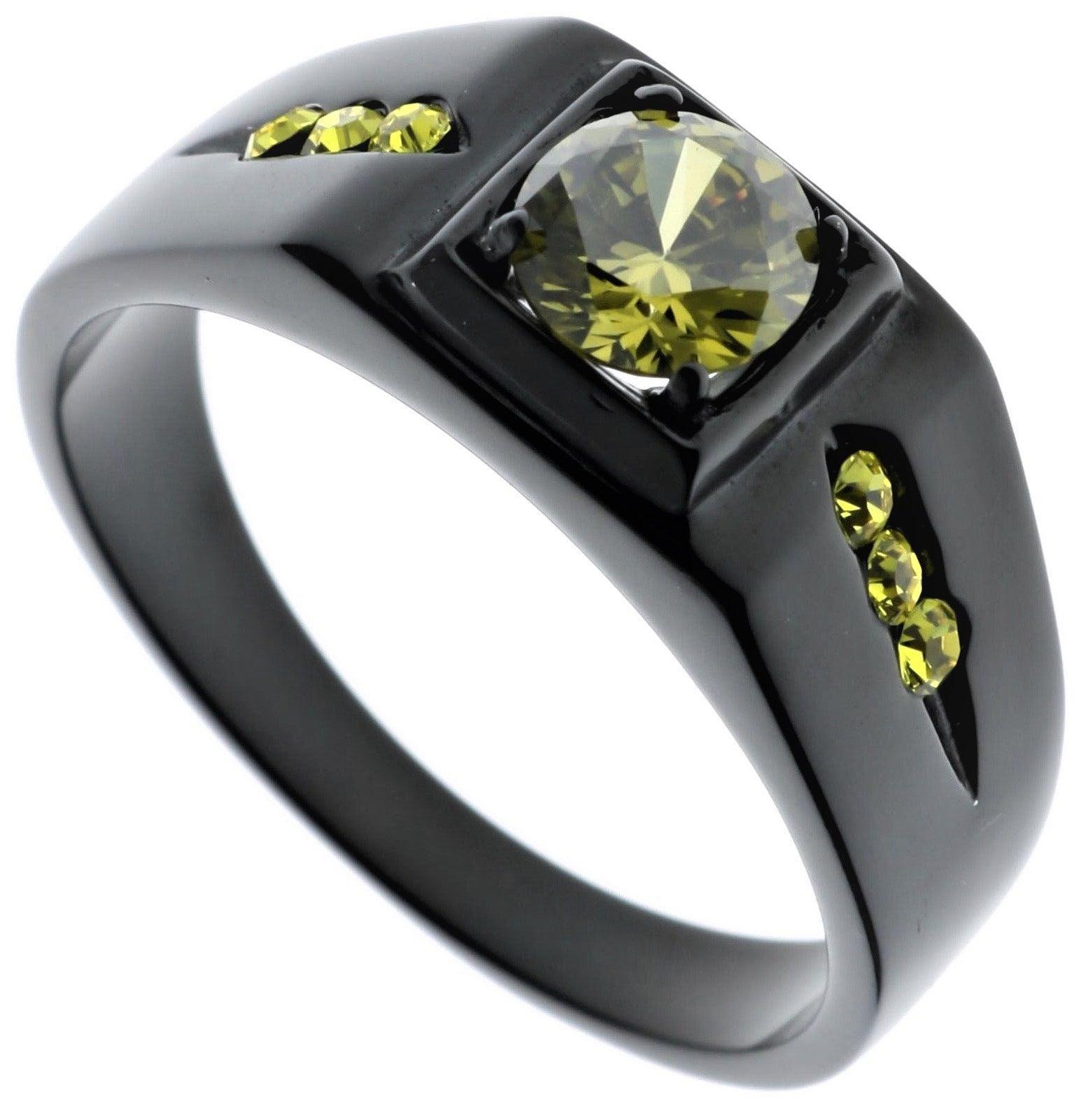 Anillo verde oliva amarillo hombre con circonitas redondas de acero inoxidable de iones negros - Jewelry Store by Erik Rayo